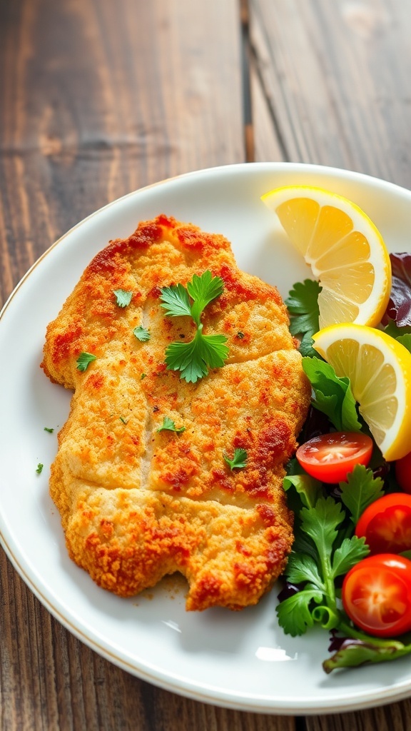 Crispy Air Fryer Pork Milanese Recipe Crispy air fryer pork Milanese with lemon wedges and mixed greens on a rustic table.